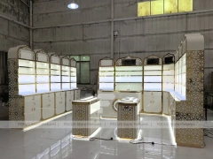 White Gold Perfume Wall Shelving With Slim Tester Kiosks