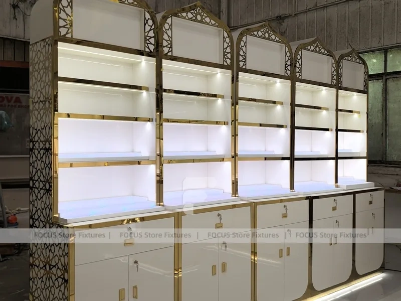 White Gold Perfume Wall Shelving With Slim Tester Kiosks
