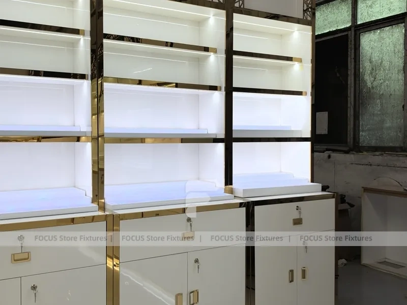 White Gold Perfume Wall Shelving With Slim Tester Kiosks