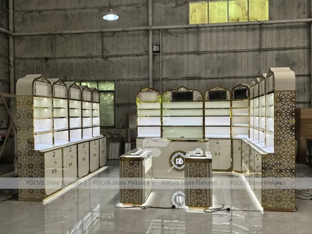 White Gold Perfume Wall Shelving With Slim Tester Kiosks