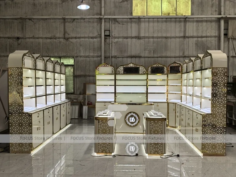 White Gold Perfume Wall Shelving With Slim Tester Kiosks