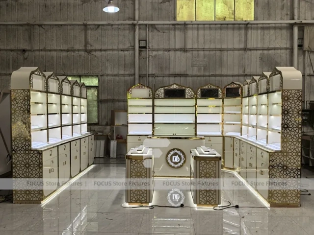 White Gold Perfume Wall Shelving With Slim Tester Kiosks