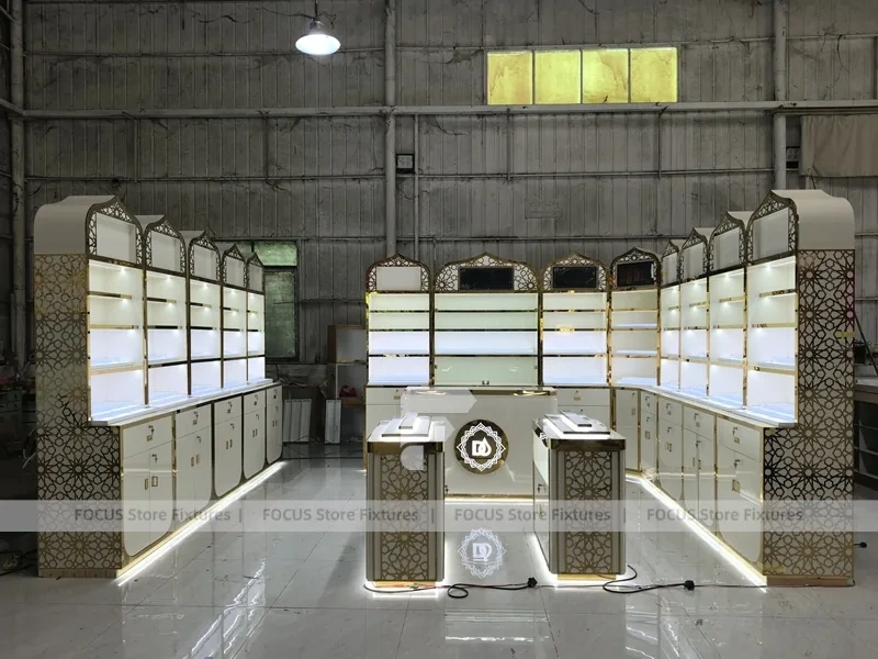 White Gold Perfume Wall Shelving With Slim Tester Kiosks