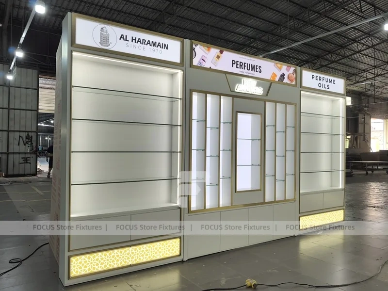 White Illuminated Perfume Kiosk Storefront
