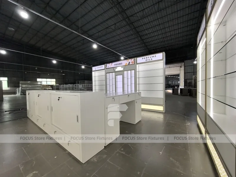 White Illuminated Perfume Kiosk Storefront