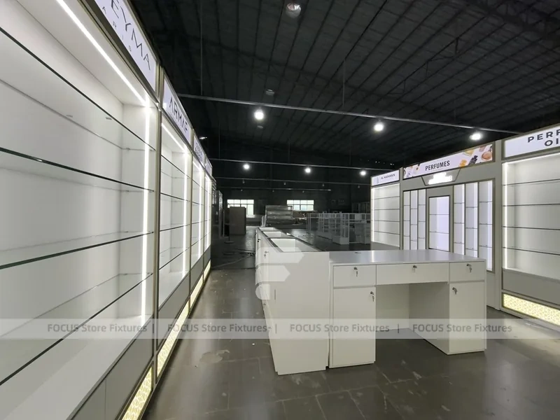 White Illuminated Perfume Kiosk Storefront