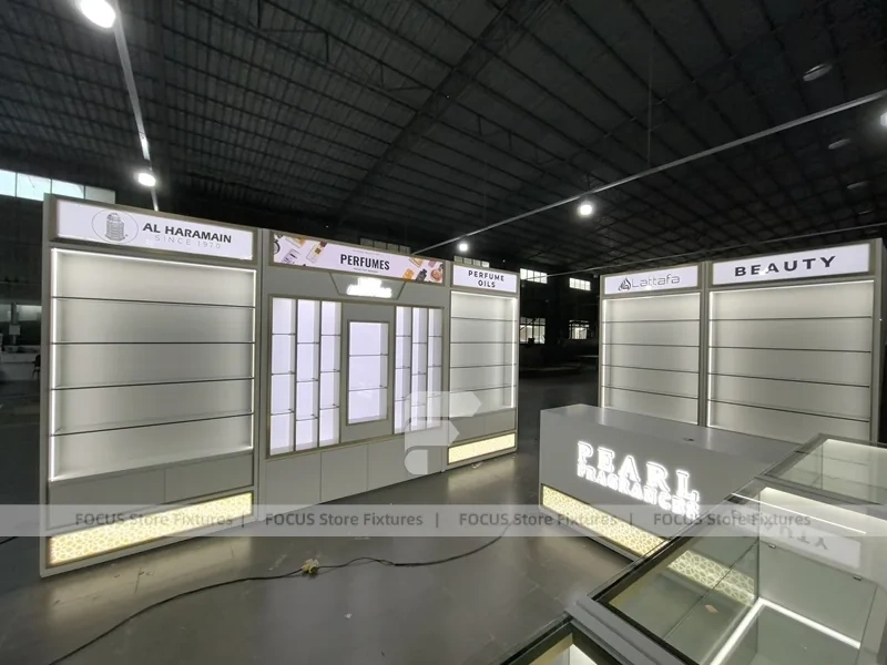 White Illuminated Perfume Kiosk Storefront