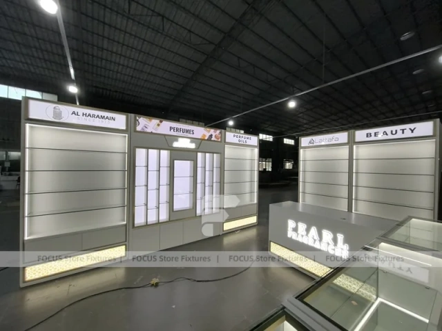 White Illuminated Perfume Kiosk Storefront