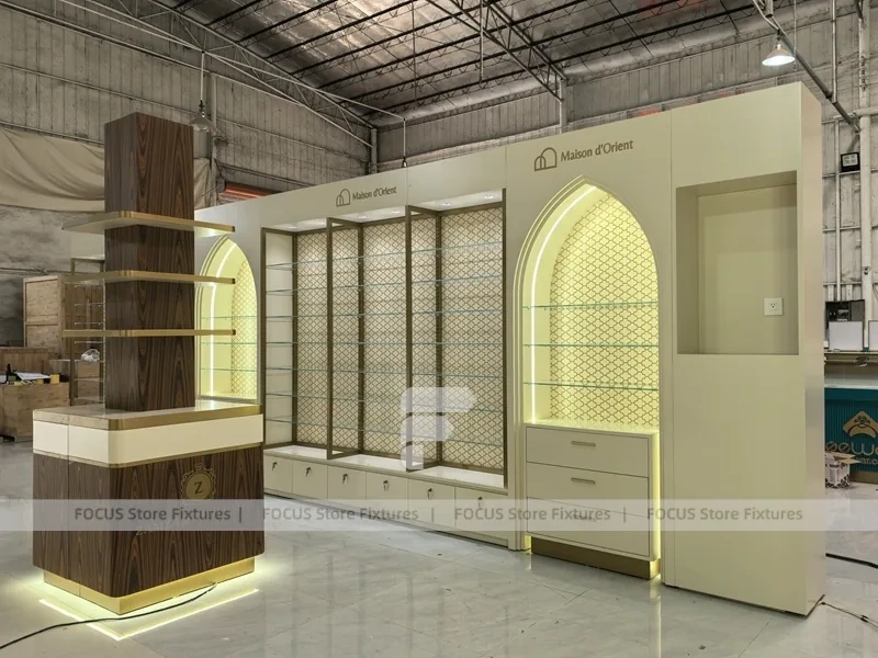 White Perfume Corner Layout With Arch Doorway