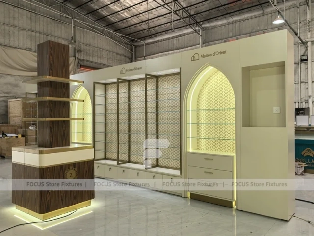 White Perfume Corner Layout With Arch Doorway