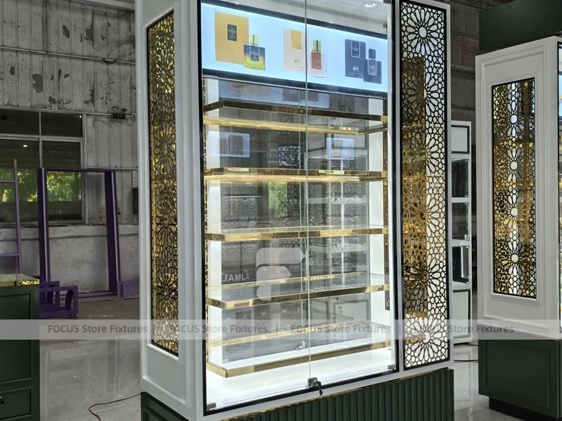 White Perfume Lightbox Display Cabinet With Gold Screen