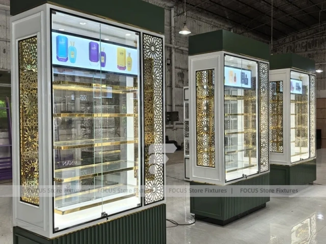 White Perfume Lightbox Display Cabinet With Gold Screen