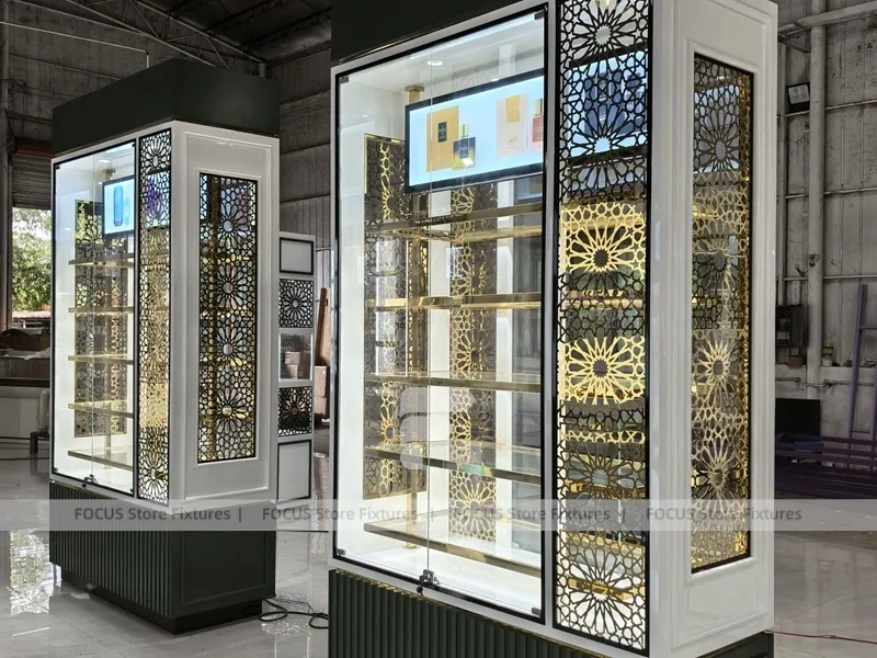 White Perfume Lightbox Display Cabinet With Gold Screen