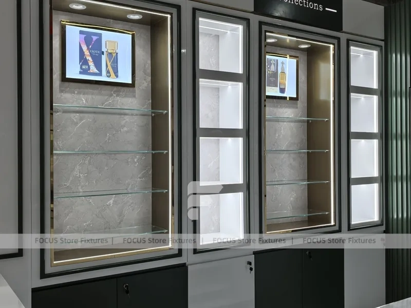 White Perfume Lightbox Display Cabinet With Gold Screen