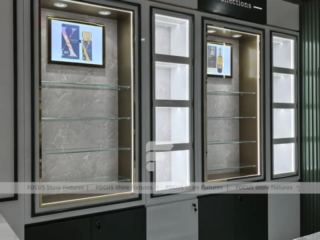White Perfume Lightbox Display Cabinet With Gold Screen
