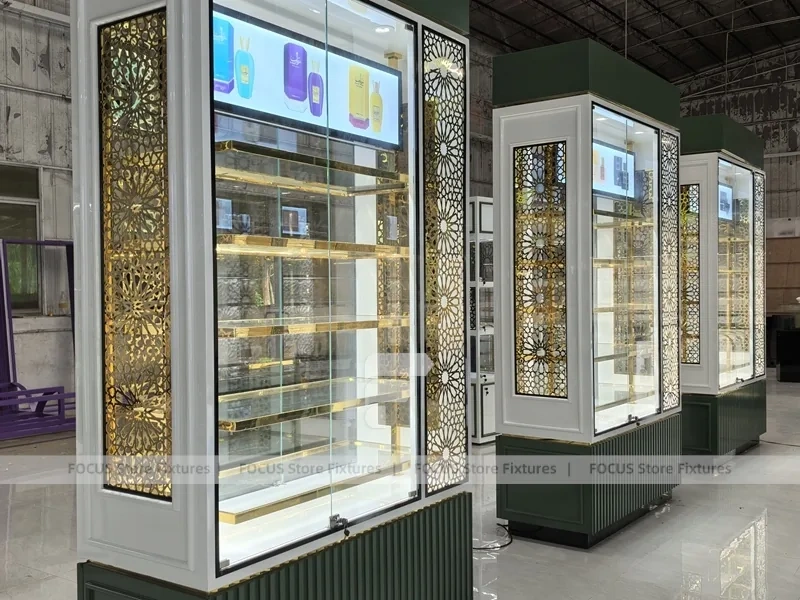 White Perfume Lightbox Display Cabinet With Gold Screen