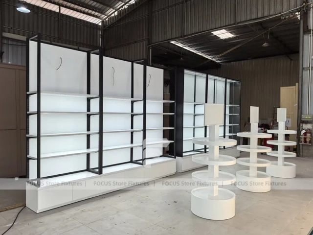 White Perfume Perimeter Wall Display With Round Tester Tables