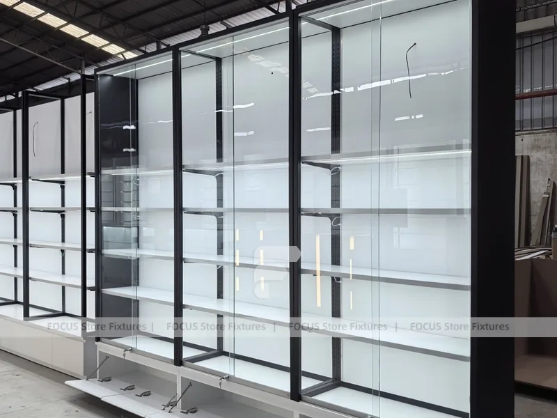 White Perfume Perimeter Wall Display With Round Tester Tables