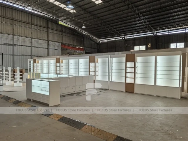 White Perfume Showroom Layout With Corner Shelving