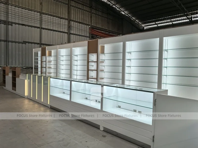 White Perfume Showroom Layout With Corner Shelving