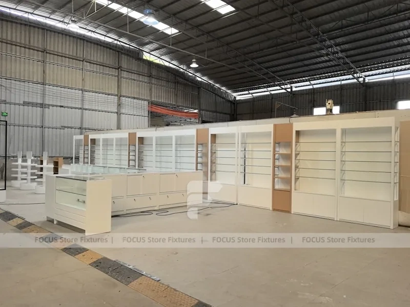 White Perfume Showroom Layout With Corner Shelving