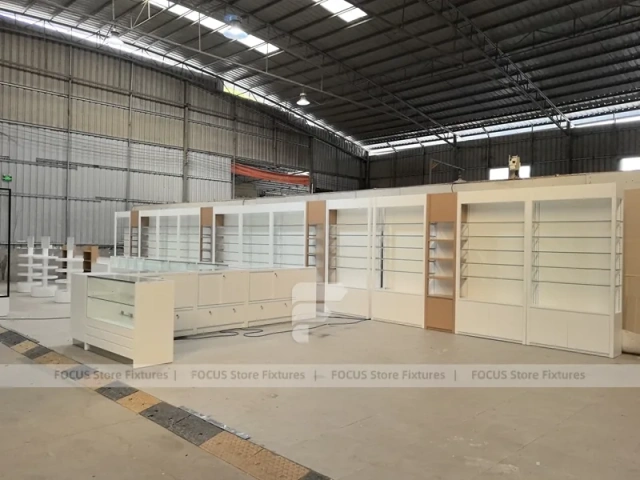White Perfume Showroom Layout With Corner Shelving