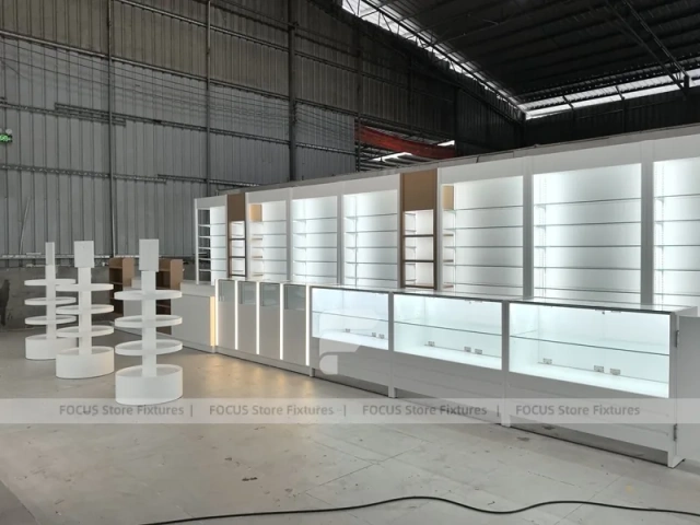 White Perfume Showroom Layout With Corner Shelving