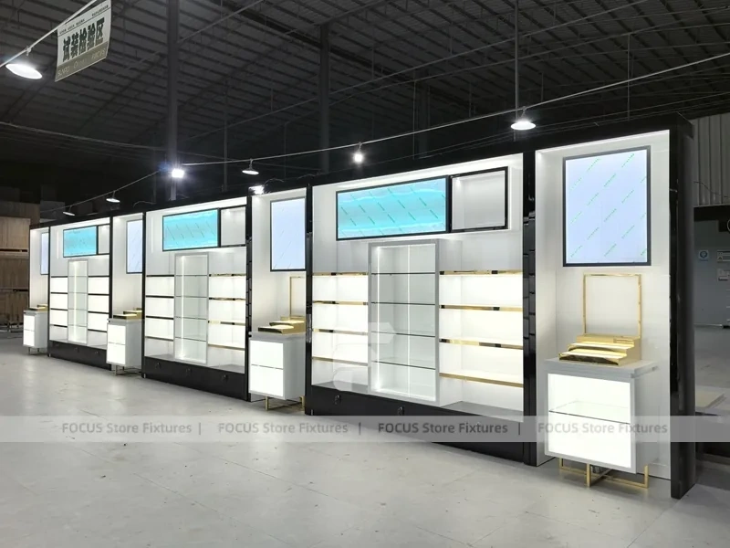 White Perfume Wall Display With Digital Sign Panels