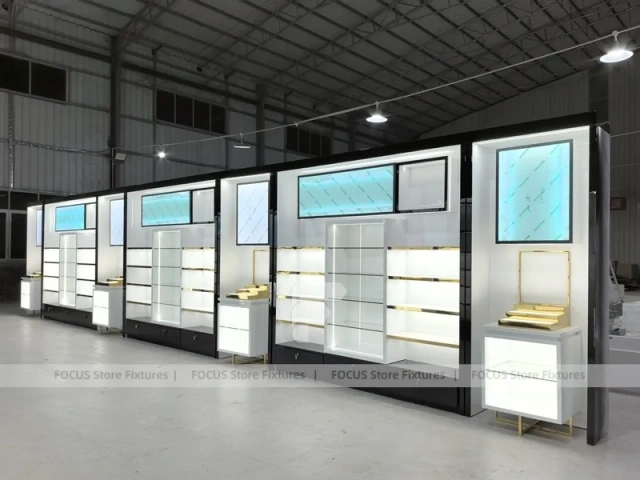 White Perfume Wall Display With Digital Sign Panels