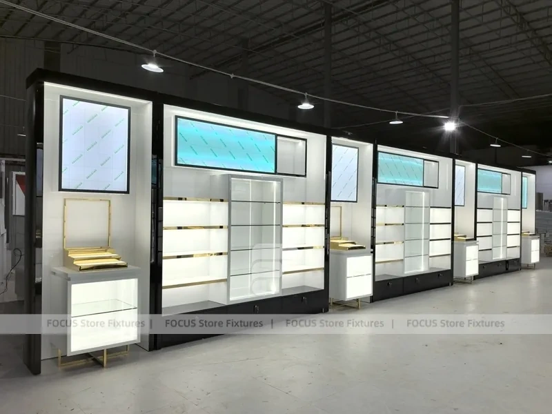 White Perfume Wall Display With Digital Sign Panels