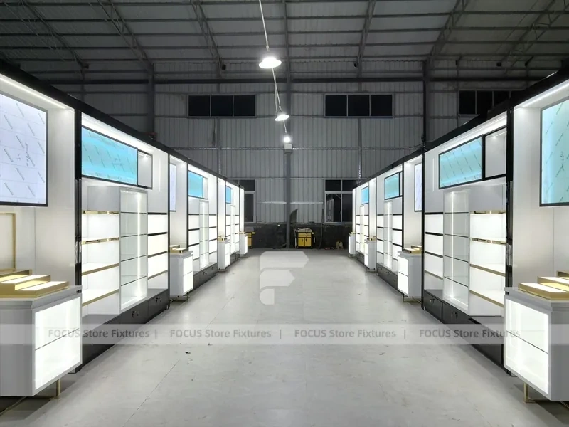 White Perfume Wall Display With Digital Sign Panels