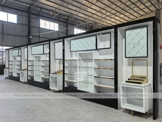 White Perfume Wall Display With Digital Sign Panels