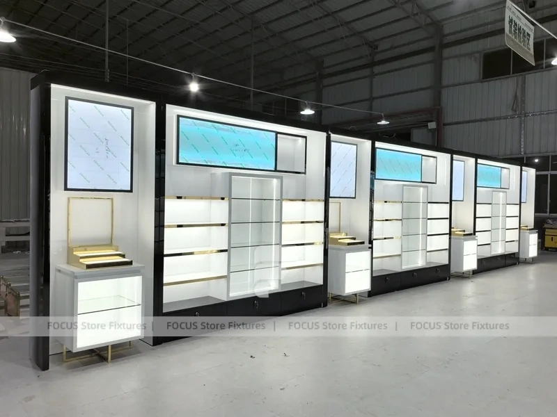 White Perfume Wall Display With Digital Sign Panels