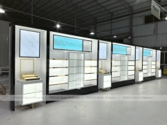 White Perfume Wall Display With Digital Sign Panels
