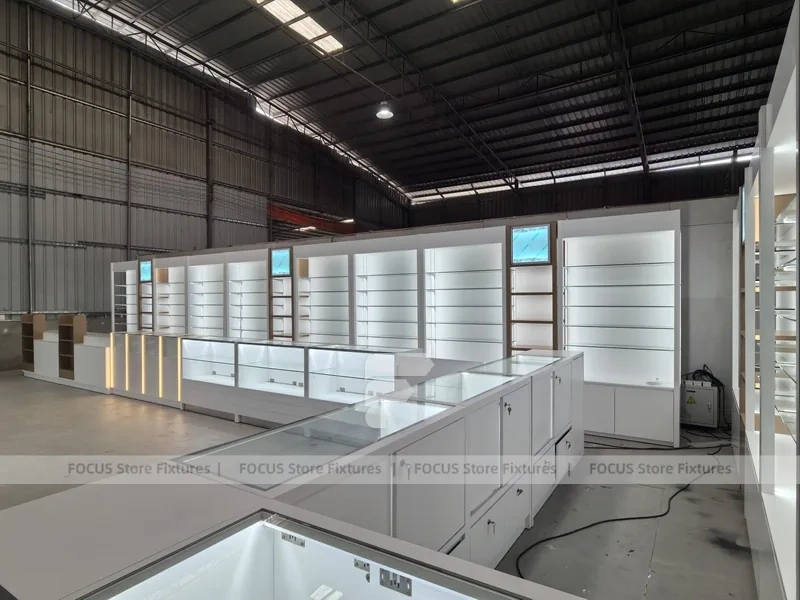 White Perfume Wall Display With Glass Test Counter