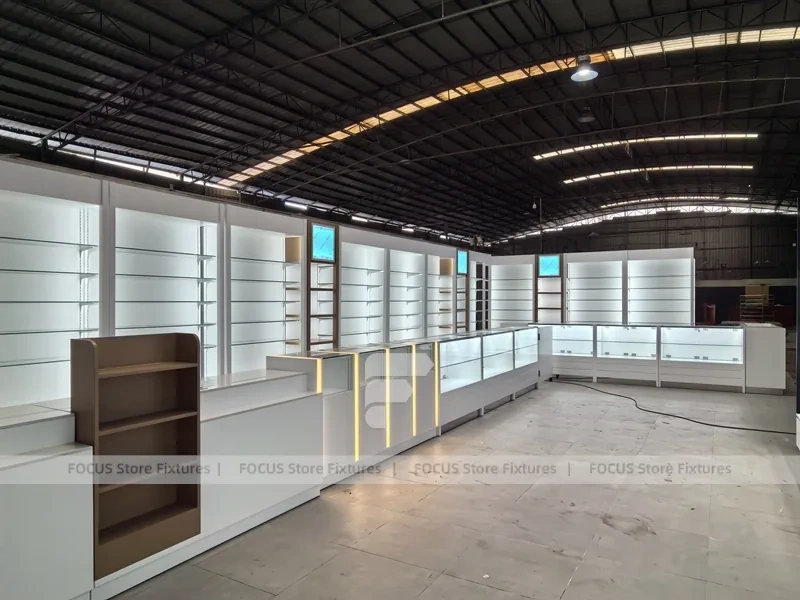White Perfume Wall Display With Glass Test Counter