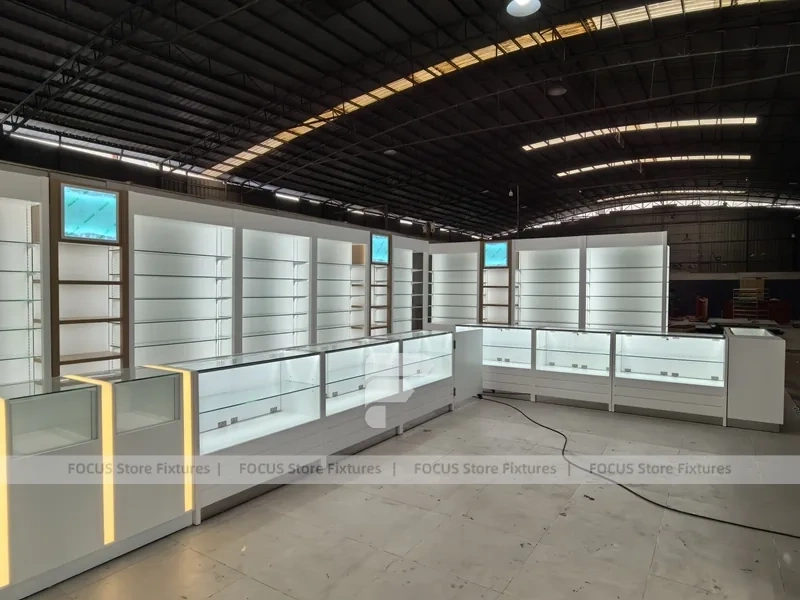 White Perfume Wall Display With Glass Test Counter