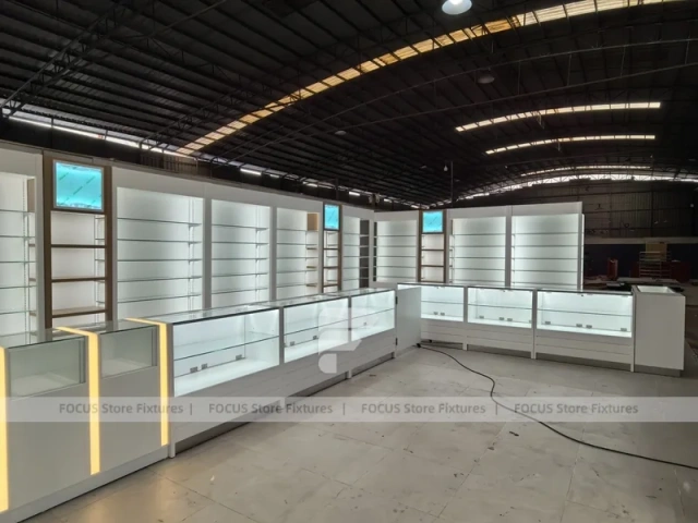 White Perfume Wall Display With Glass Test Counter