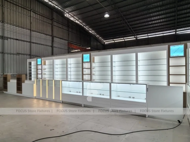 White Perfume Wall Display With Glass Test Counter