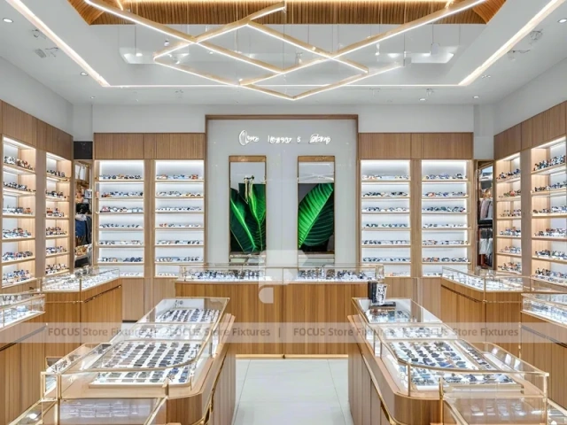 Woodgrain Optical Boutique Layout with Symmetrical Display Corridor