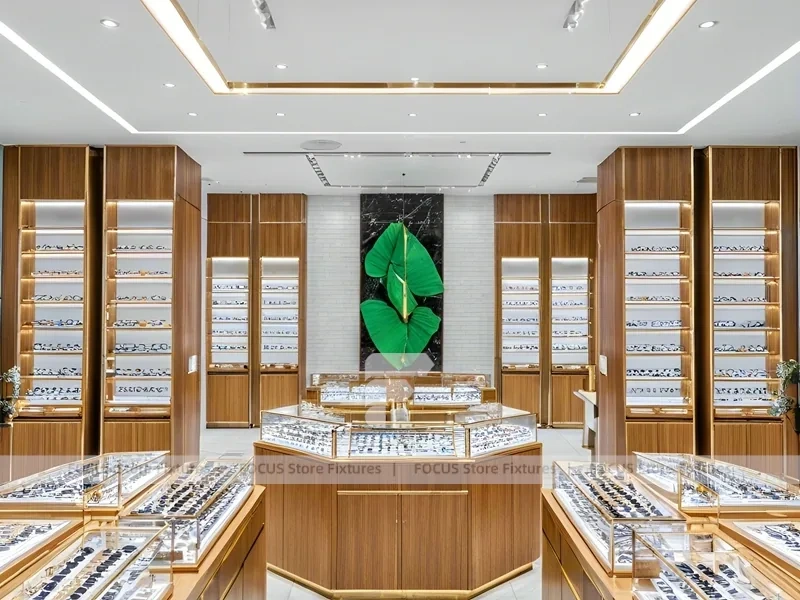 Woodgrain Optical Boutique Layout with Symmetrical Display Corridor
