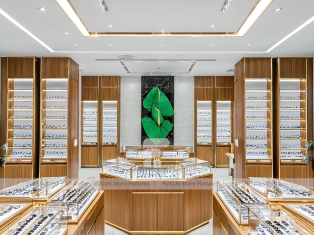 Woodgrain Optical Boutique Layout with Symmetrical Display Corridor