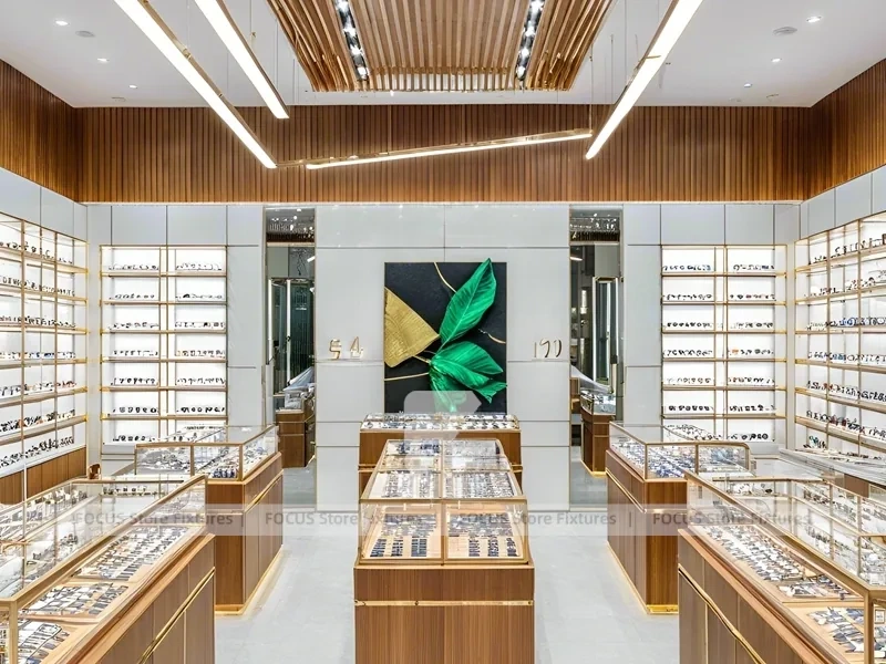 Woodgrain Optical Boutique Layout with Symmetrical Display Corridor