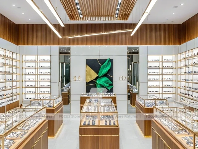 Woodgrain Optical Boutique Layout with Symmetrical Display Corridor