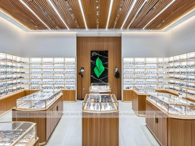 Woodgrain Optical Boutique Layout with Symmetrical Display Corridor
