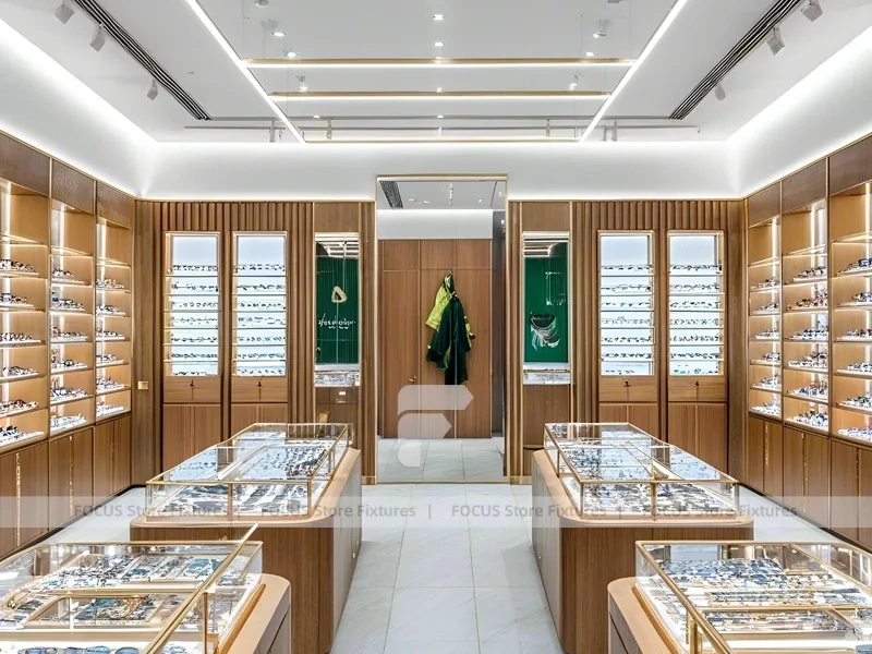 Woodgrain Optical Boutique Layout with Symmetrical Display Corridor