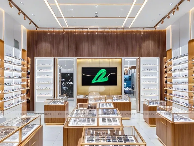 Woodgrain Optical Boutique Layout with Symmetrical Display Corridor