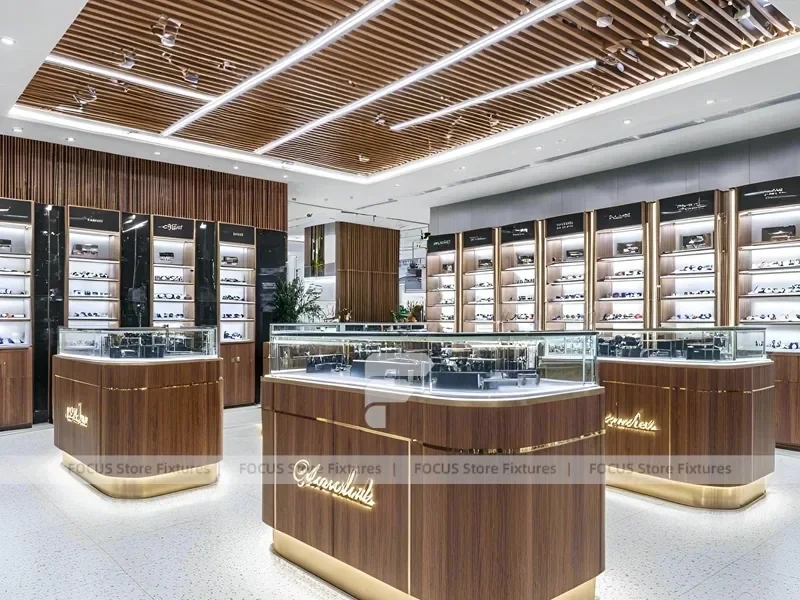 Woodgrain Optical Flagship Display for Premium Eyewear Boutique