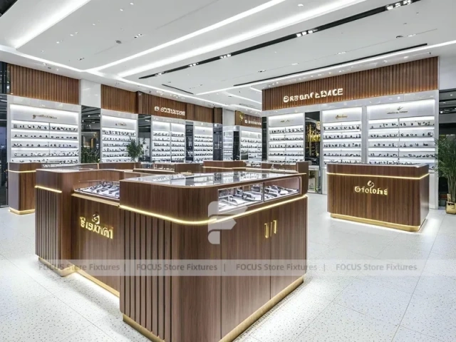 Woodgrain Optical Flagship Display for Premium Eyewear Boutique