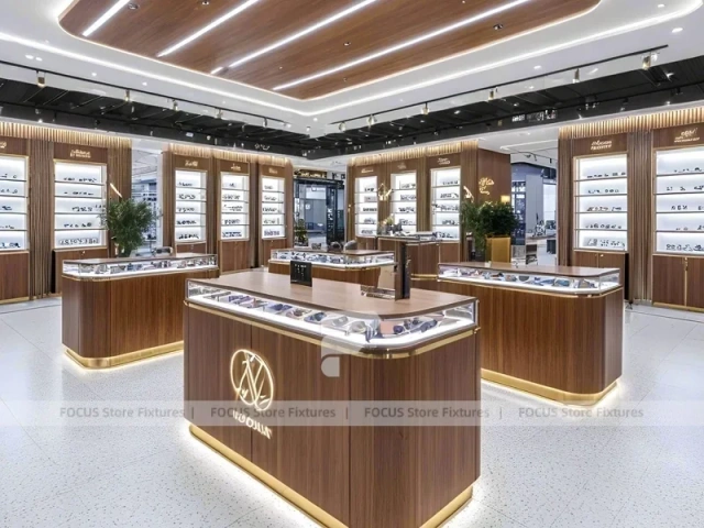 Woodgrain Optical Flagship Display for Premium Eyewear Boutique